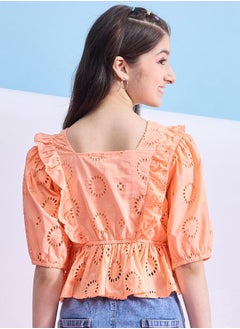 Stylo Bug Schiffli Square Neck Ruffled Peplum Top by Styli  - Image 4