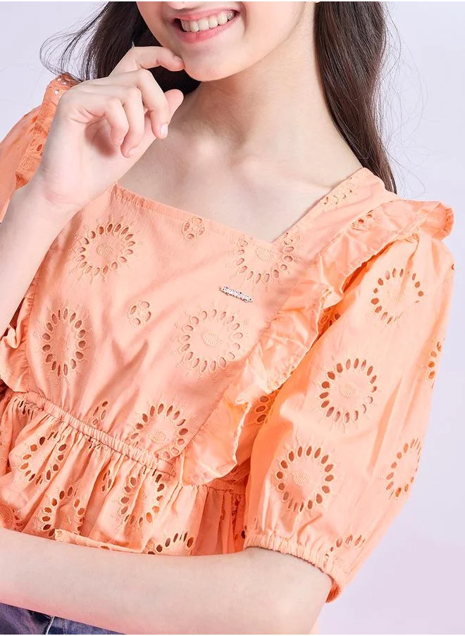 Stylo Bug Schiffli Square Neck Ruffled Peplum Top by Styli