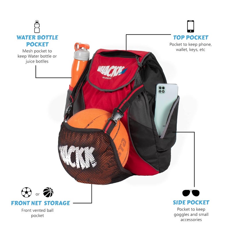 WHACKK Storm Soccer Football Equipment Bag | Sports Men Boys Drawstring Backpack | Mobile Bottle Holder Pocket | Gym Bag (Red Black) - Image 3