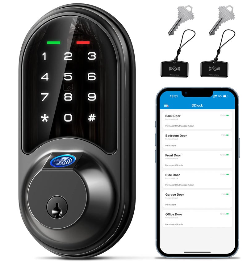 Veise RZ07 Fingerprint Smart Lock, 7-in-1 Smart Locks for Front Door, Keyless Entry Door Lock with App Control, Biometric Electronic Touchscreen Keypad Deadbolt, Matte Black - Image 1