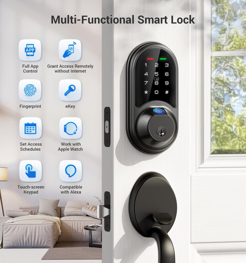 Veise RZ07 Fingerprint Smart Lock, 7-in-1 Smart Locks for Front Door, Keyless Entry Door Lock with App Control, Biometric Electronic Touchscreen Keypad Deadbolt, Matte Black - Image 4