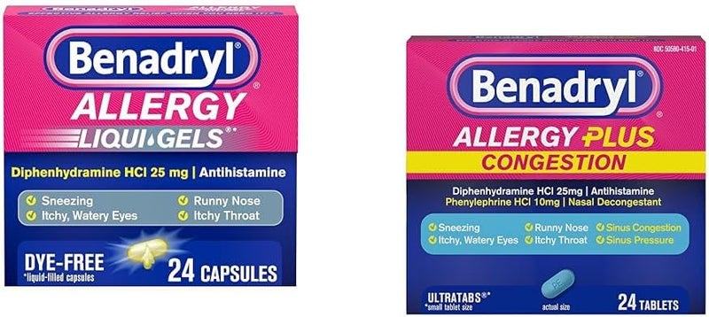Benadryl بنادريل ليكوي جيلز دواء مضاد للهستامين للحساسية تخفيف البرد خالي من الأصباغ 24 حبة - Image 1
