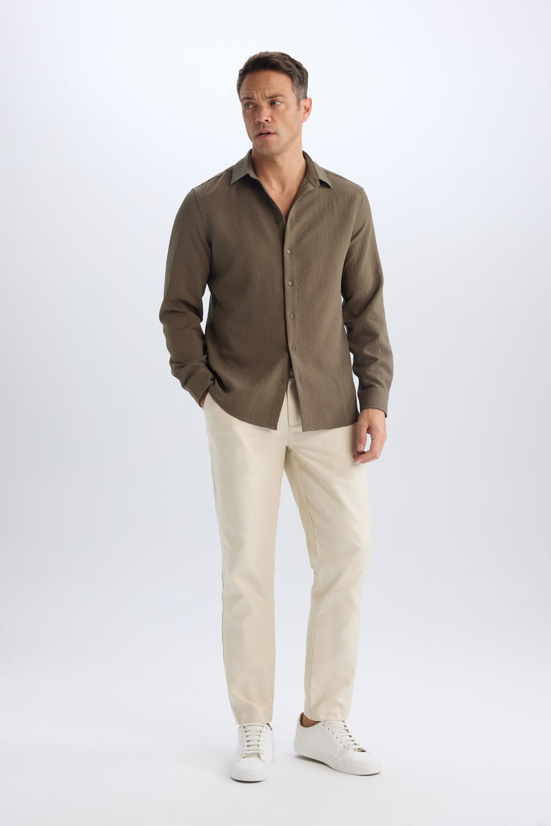 DeFacto Green Man Modern Fit Polo Collar Woven Long Sleeve Shirt Casual - Image 2