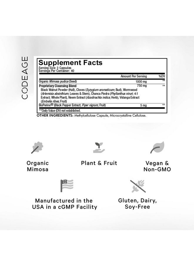 Codeage Codeage Organic Mimosa Pudica Seed Capsules - Mimosa Pudica Seeds Supplement - Black Walnut, Cloves, Vidanga, Neem, BioPerine - All in One - Sensitive Plant Pills - Non-GMO & Vegan - 120 Capsules  - Image 2