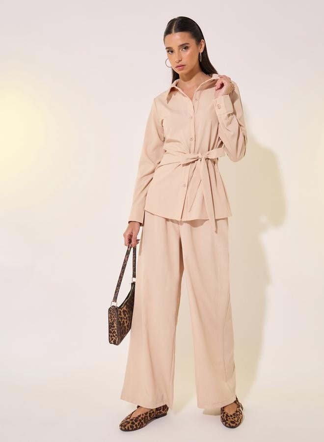 Take Two Solid Wrap Buttoned Top with Tie-Up and Pants Co-Ords - Image 1