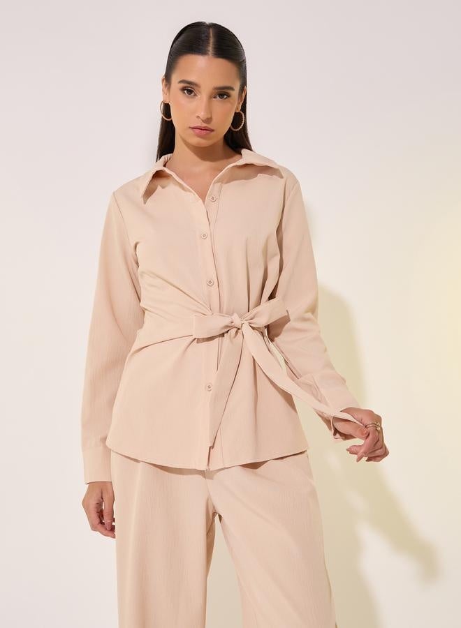 Take Two Solid Wrap Buttoned Top with Tie-Up and Pants Co-Ords - Image 2
