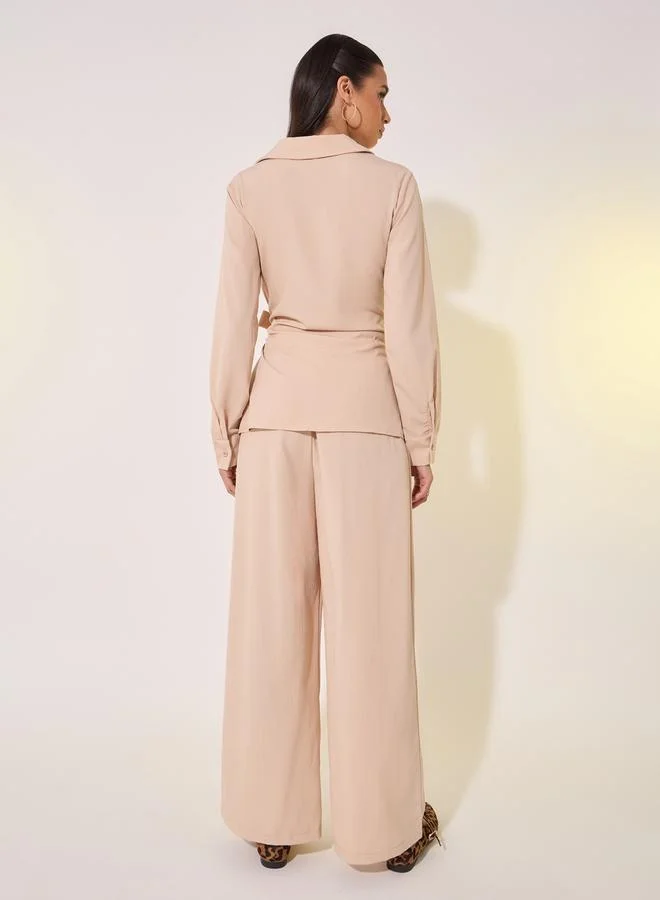 Take Two Solid Wrap Buttoned Top with Tie-Up and Pants Co-Ords