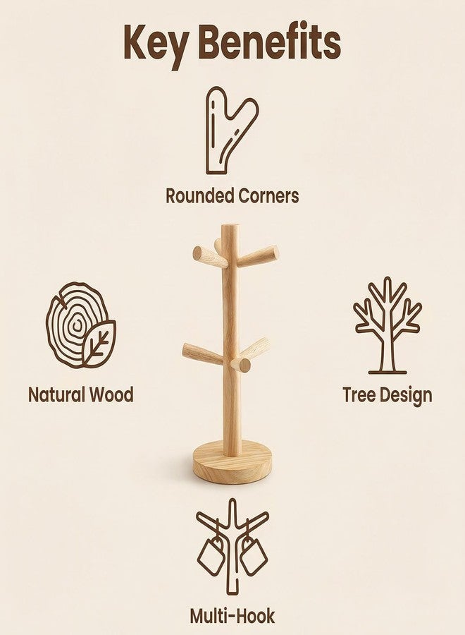 Elandy Wooden Mug Holder Tree with 6 Hooks Mug Stand Mug Rack Coffee Cup Holder Mug Hanger Tea Coffee Bar Organizer for Kitchen Counter and Display Dinnerware Storage - Image 3