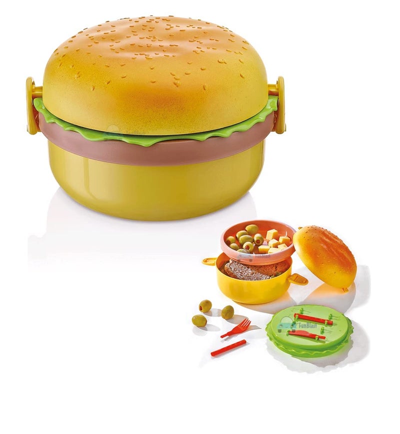 ASUVEK Burger Shaped Lunch Box 2 Layer for Kids School Tiffin Box for Boys GirlsLunch Box Leak Proof Plastic Lunch Box Lunch Box with 2 Spoons for Adults and Kids Round - Image 1