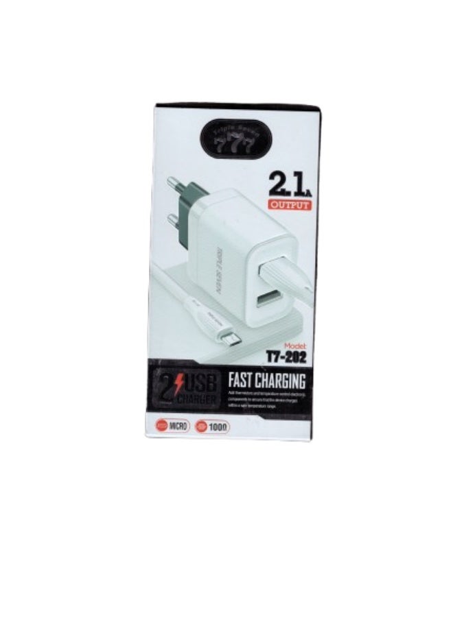 777 Triple Seven T7-202 2-port USB wall charger for mobile phones, with micro USB cable included. - Image 1
