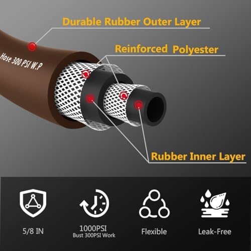 Guitrees Garden Hose 25FT x 58 Heavy Duty Rubber Hose Water Hose with Five Layered Braiding Male to Female Fittings 1000PSI Burst 300PSI Working Brown - Image 3