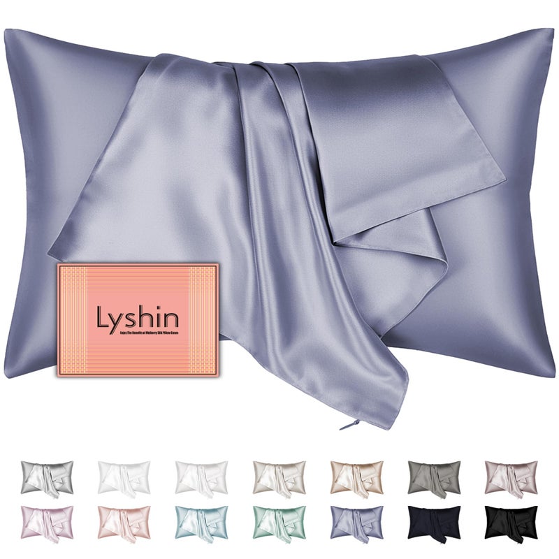LYSHIN Mulberry Silk Pillow Cases Queen Size with Hidden Zipper  Ultra Smooth and Soft Breathable Cooling Silk Satin Pillowcase for Hair and Skin  Gifts for Women Men (Grayish Blue  20x30 Inches  1 Pack) - Image 1