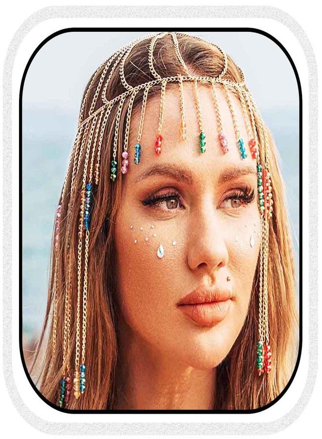 يان قبعة شعر مزينة بشرابة مرصعة بأحجار الراين الذهبية، قطعة زينة شعر بوهيمية، إكسسوارات شعر للمهرجانات للنساء والفتيات - Image 1