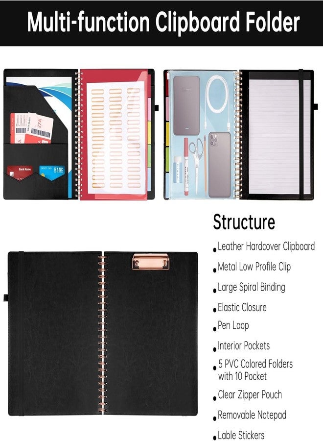 HAUTOCO Leather Clipboard Folio with Storage Zipper Pouch, Spiral Clipboard Folder with Business Card Holder, Notepad, 5 Folders with 10 Pockets, 39 Label Stickers, Pen Loop and Elastic Strap, Black - Image 3