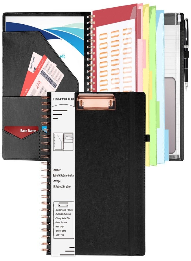 HAUTOCO Leather Clipboard Folio with Storage Zipper Pouch, Spiral Clipboard Folder with Business Card Holder, Notepad, 5 Folders with 10 Pockets, 39 Label Stickers, Pen Loop and Elastic Strap, Black - Image 1