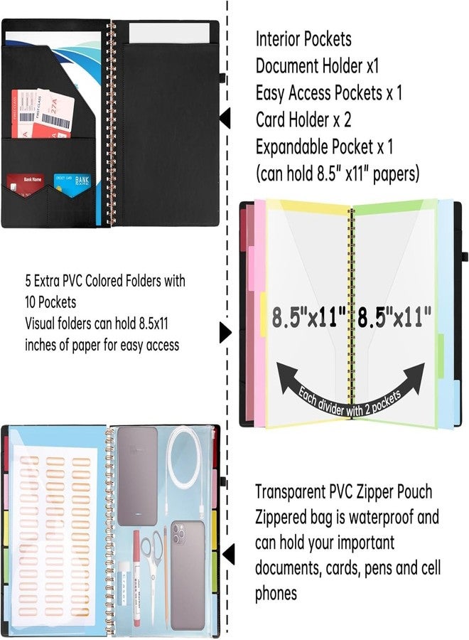 HAUTOCO Leather Clipboard Folio with Storage Zipper Pouch, Spiral Clipboard Folder with Business Card Holder, Notepad, 5 Folders with 10 Pockets, 39 Label Stickers, Pen Loop and Elastic Strap, Black - Image 5
