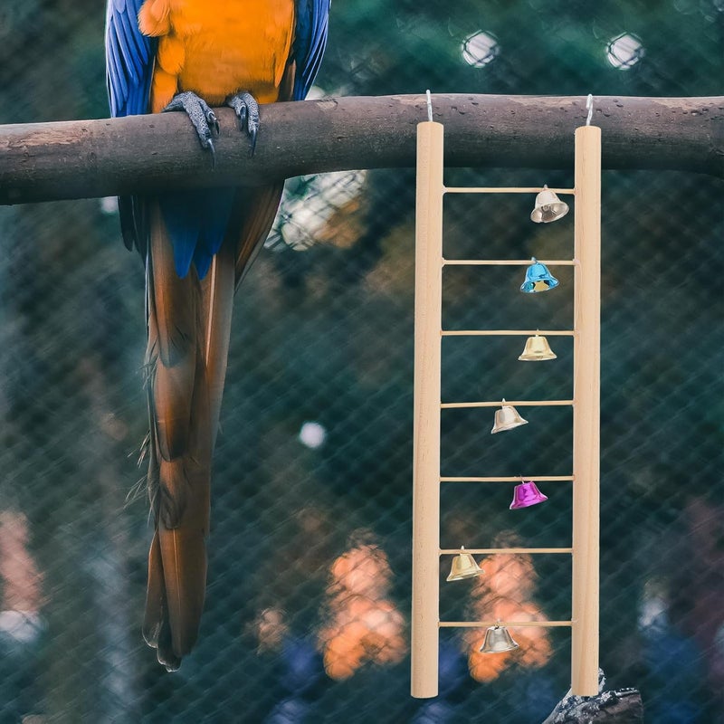 VICASKY Parrot Training Ladder and Hamster Climbing Step Ladder Wooden Hanging 30cm with 7 Steps Bell for Bird Cage Climbing and Exercise - Image 1