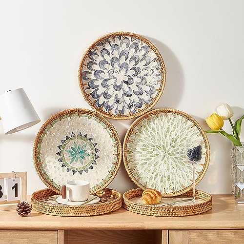 Kmelep Round Rattan Tray with Mother of Pearl Inlay, Rattan Serving Tray with Wooden Base, Decorative Wicker Basket for Table Decor, Storage and Display of Coffee Bread Food Fruit (Plume) - Image 4
