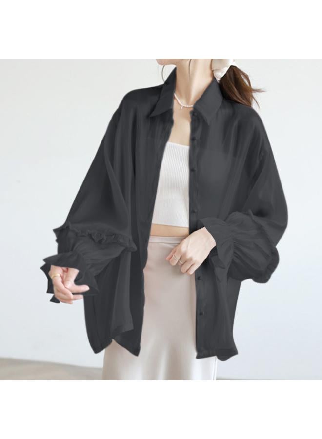 VUELO Sun-protective Clothing Women's Summer Lotus Leaf Lace Sleeve Shirt Collar Gentle Elegant Super Fairy Western Style Perspective Lazy Chiffon Cardigan  - Image 1