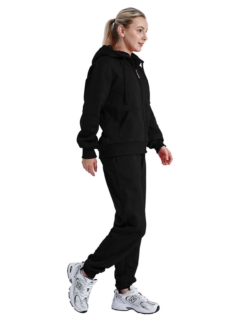 Facitisu Women Fleece Sweatsuit 2 Piece Outfit Winter Warm Sherpa Lined Tracksuit Zip Up Hoodie Sweatshirts and Sweatpants Black L - Image 5