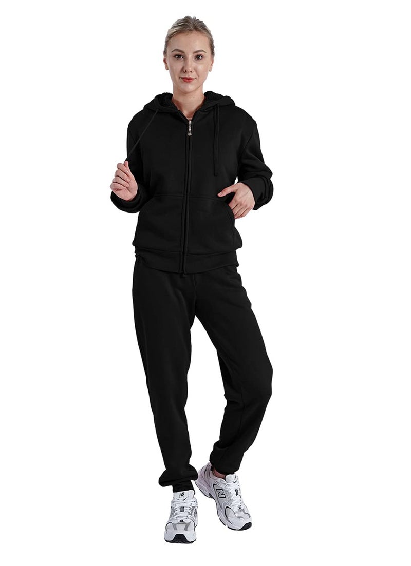 Facitisu Women Fleece Sweatsuit 2 Piece Outfit Winter Warm Sherpa Lined Tracksuit Zip Up Hoodie Sweatshirts and Sweatpants Black L - Image 3