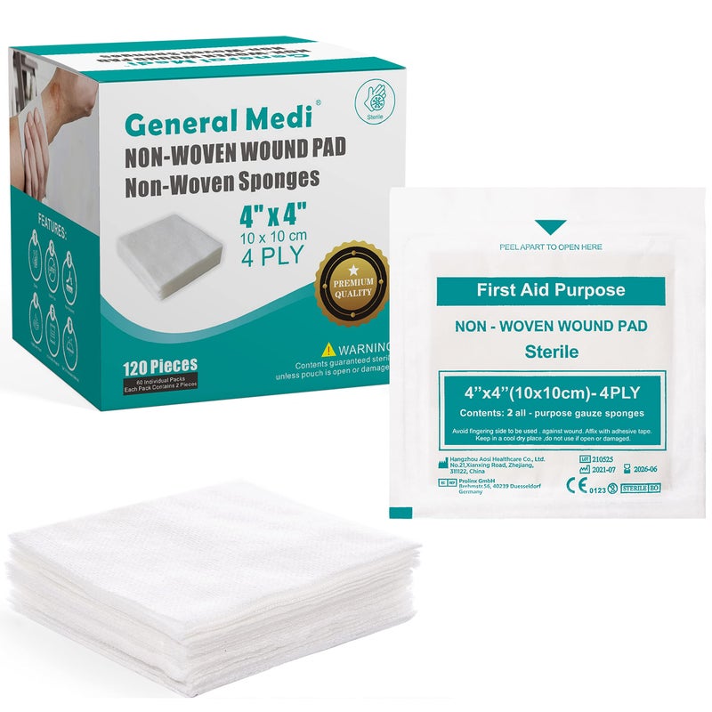 General Medi Sterile Gauze Sponges 4 x 4 NonWoven Wound Pads Individually Wrapped Highly Absorbent Sponges Pads for Cushioning Minor Wounds Cuts Burns Wound Care 60 Packs 120 Pieces Total