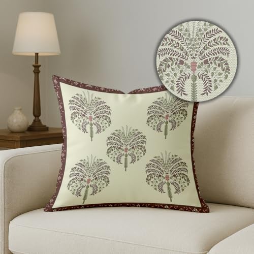 BRICK HOME Set of 2 Polycotton Printed Cushion Covers 24x24 Inches | Traditional Palm & Floral Border Design | Mauve, Sage Green & Beige | Soft Decorative Pillow Covers for Sofa, Couch & Living Room - Image 3