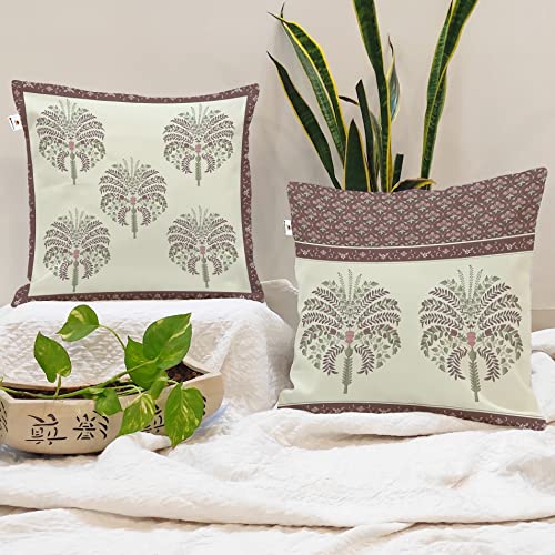 BRICK HOME Set of 2 Polycotton Printed Cushion Covers 24x24 Inches | Traditional Palm & Floral Border Design | Mauve, Sage Green & Beige | Soft Decorative Pillow Covers for Sofa, Couch & Living Room - Image 1