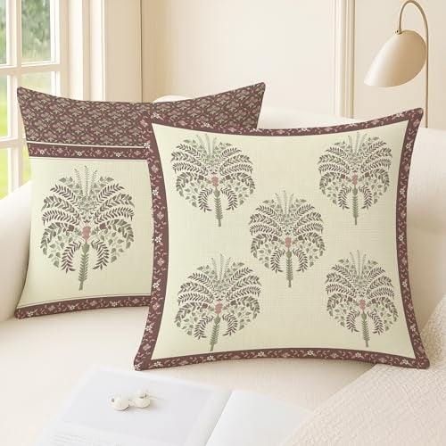 BRICK HOME Set of 2 Polycotton Printed Cushion Covers 24x24 Inches | Traditional Palm & Floral Border Design | Mauve, Sage Green & Beige | Soft Decorative Pillow Covers for Sofa, Couch & Living Room - Image 2