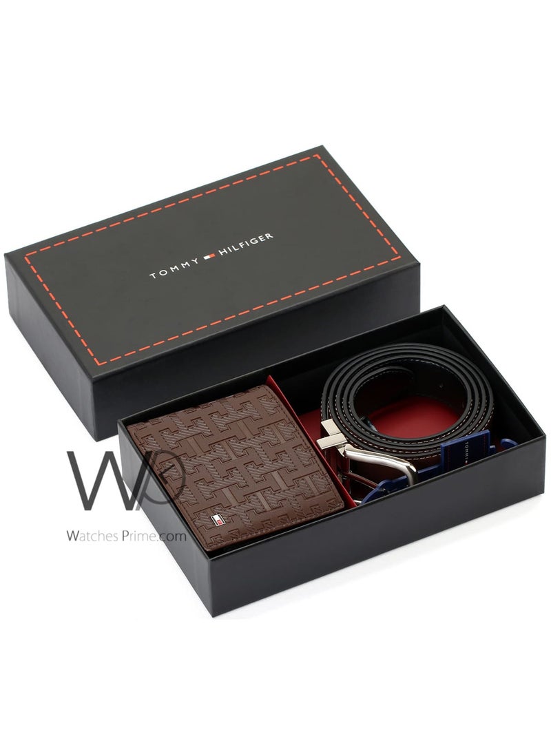 Tommy Hilfiger Denim طقم هدية رجالي تومي هيلفيغر محفظة جلدية وحزام بني - بني - Image 1