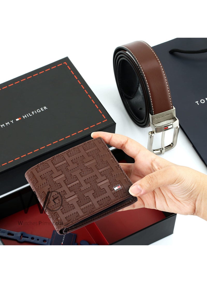 Tommy Hilfiger Denim طقم هدية رجالي تومي هيلفيغر محفظة جلدية وحزام بني - بني - Image 2