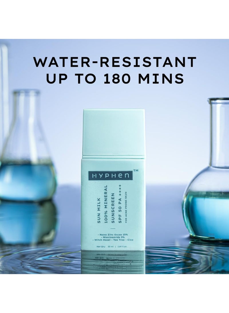 HYPHEN Sun Milk 100% Mineral Sunscreen Spf 50 Pa++++ Uv+ Bluelight Protection, 25% Nano Zinc Oxide | Sensitive, Acne Prone & Oily Skin, Water Resistant Sun Protect - 50 Ml - Image 3