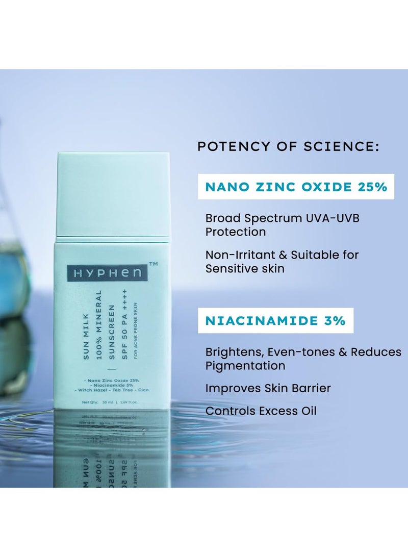 HYPHEN Sun Milk 100% Mineral Sunscreen Spf 50 Pa++++ Uv+ Bluelight Protection, 25% Nano Zinc Oxide | Sensitive, Acne Prone & Oily Skin, Water Resistant Sun Protect - 50 Ml - Image 4