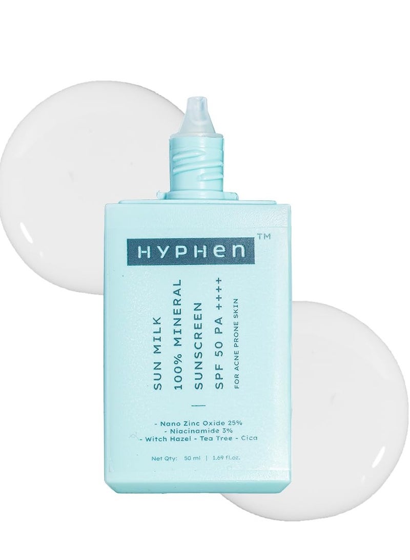 HYPHEN Sun Milk 100% Mineral Sunscreen Spf 50 Pa++++ Uv+ Bluelight Protection, 25% Nano Zinc Oxide | Sensitive, Acne Prone & Oily Skin, Water Resistant Sun Protect - 50 Ml - Image 1