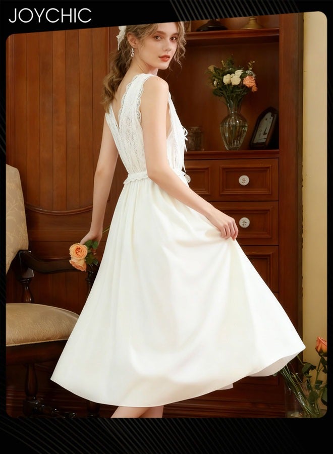 Joychic فستان نوم نسائي بتصميم قصر مع حمالات صيفي مريح من الدانتيل بياقة عميقة ووسائد صدر للارتداء الداخلي والخارجي باللون الأبيض - Image 2