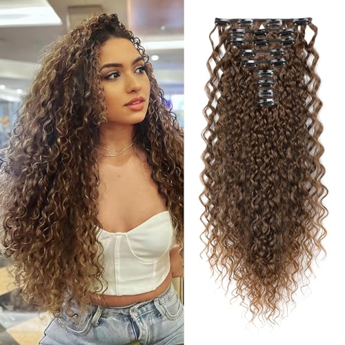 FLUFYMOOZ 9PCS Clip in Hair Extensions 22 Inch Curly Hair Extension Long Soft Synthetic Hairpieces for Women (Dark Brown to Caramel Brown) - Image 1