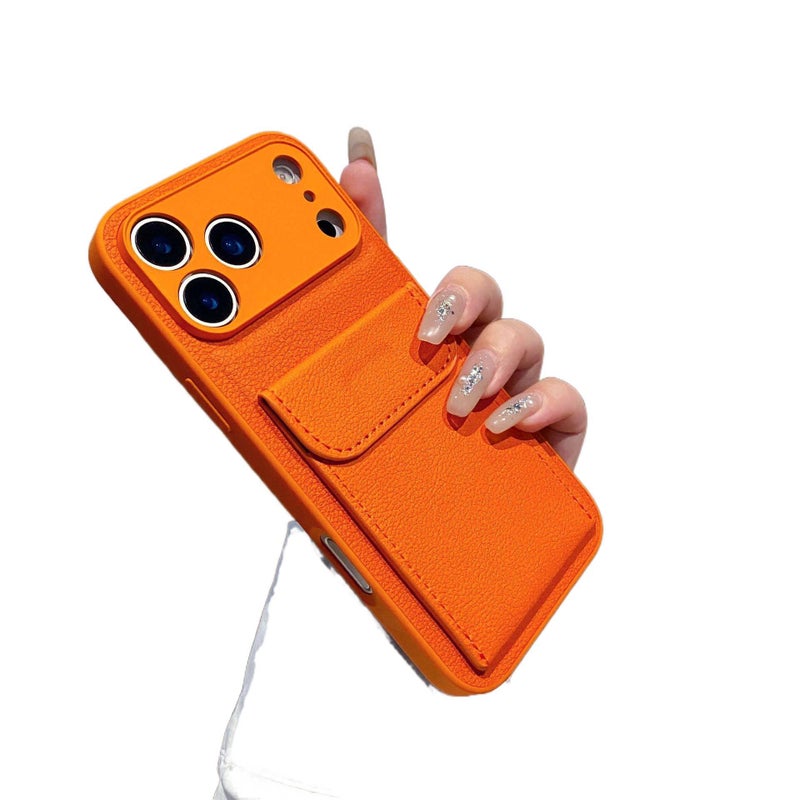 MS Leather Texture Protective Case for iPhone 14 / 14 Plus / 14 Pro / 14 Pro Max with Card Holder and Drop Protection plus Shockproof plus Anti-Fingerprint plus Kickstand in Orange - Image 1