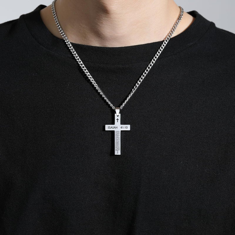 REVEMCN Inspirational Bible Verse Cross Necklace for Men Boys, Stainless Steel Plain Black Silver Cross Pendant Necklace for Men 20-24 Inches Curb Chain Faith Jewelry Gift (Isaiah 41:10 - Silver, 20) - Image 5