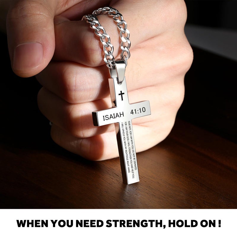 REVEMCN Inspirational Bible Verse Cross Necklace for Men Boys, Stainless Steel Plain Black Silver Cross Pendant Necklace for Men 20-24 Inches Curb Chain Faith Jewelry Gift (Isaiah 41:10 - Silver, 20) - Image 2