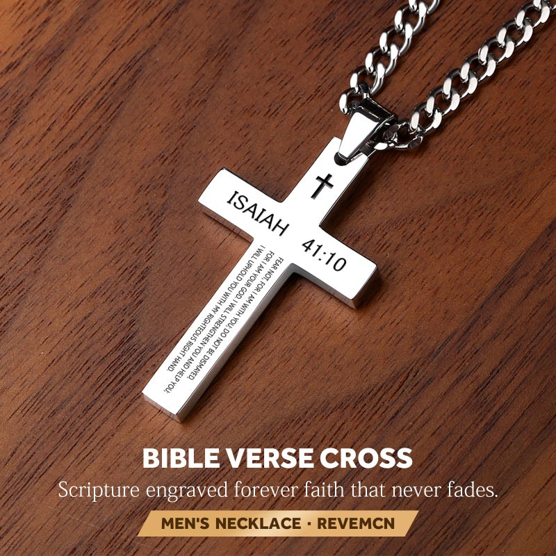 REVEMCN Inspirational Bible Verse Cross Necklace for Men Boys, Stainless Steel Plain Black Silver Cross Pendant Necklace for Men 20-24 Inches Curb Chain Faith Jewelry Gift (Isaiah 41:10 - Silver, 20) - Image 3