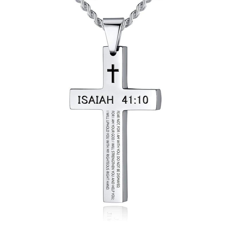 REVEMCN Inspirational Bible Verse Cross Necklace for Men Boys, Stainless Steel Plain Black Silver Cross Pendant Necklace for Men 20-24 Inches Curb Chain Faith Jewelry Gift (Isaiah 41:10 - Silver, 20) - Image 1