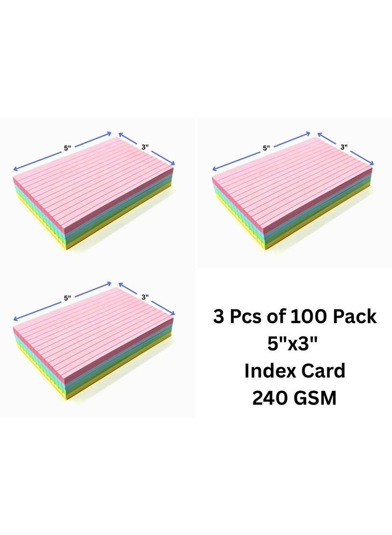 Ruled index card 5” x 3”, 240GSM, (Pack of 3) 100 Pack Color Lined Record Cards for Office School Note making, List Making, Revision Flash Cards - Image 1