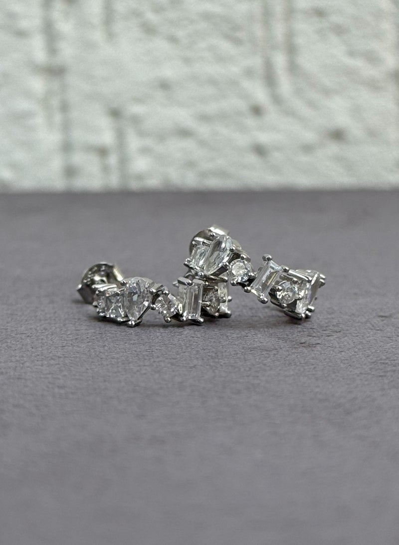 Al Kasr Jewelry Half Hoop Earrings - Multi-Cut Design - Sterling Silver 925 with Cubic Zirconia - Plated Rhodium White Gold 18K  - Image 2