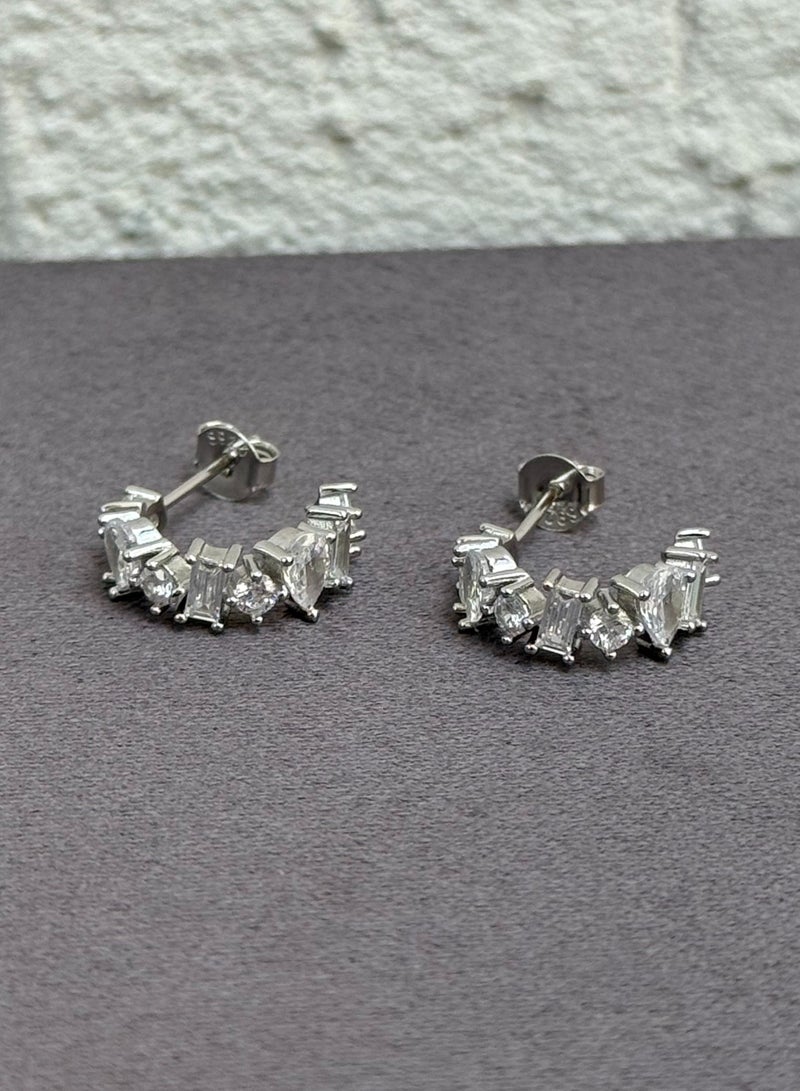 Al Kasr Jewelry Half Hoop Earrings - Multi-Cut Design - Sterling Silver 925 with Cubic Zirconia - Plated Rhodium White Gold 18K  - Image 1