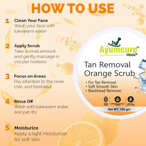 Ayumcure Orange Tan Removal Face Scrub for Men & Women | 100G | Vitamin C & Walnut Exfoliator | Brightens Skin, Removes Dead Cells & Blackheads | Smooth and Clear Complexation, Give Instant Glow - Image 5