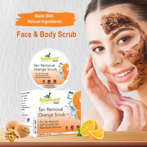 Ayumcure Orange Tan Removal Face Scrub for Men & Women | 100G | Vitamin C & Walnut Exfoliator | Brightens Skin, Removes Dead Cells & Blackheads | Smooth and Clear Complexation, Give Instant Glow - Image 2