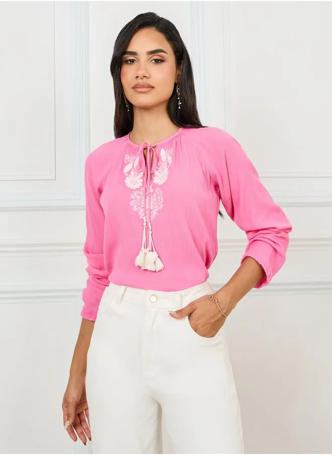 ستايلي Embroidered Panel Tie-Up Neck Blouse
