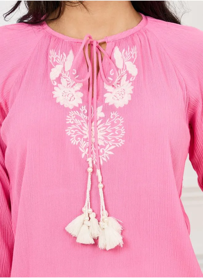 ستايلي Embroidered Panel Tie-Up Neck Blouse
