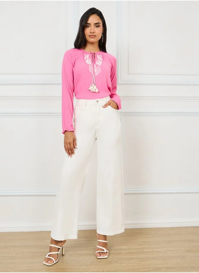 ستايلي Embroidered Panel Tie-Up Neck Blouse