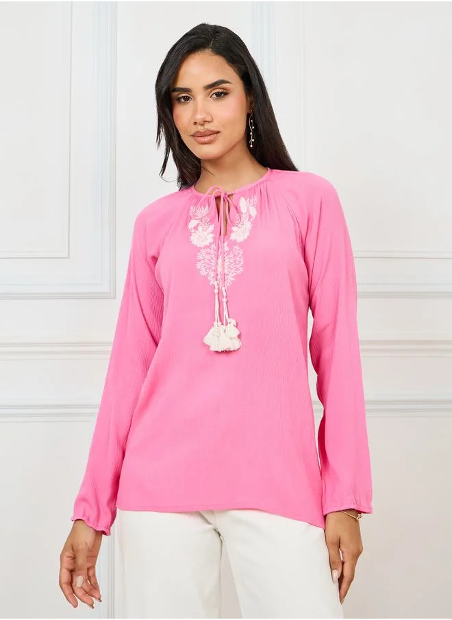 ستايلي Embroidered Panel Tie-Up Neck Blouse